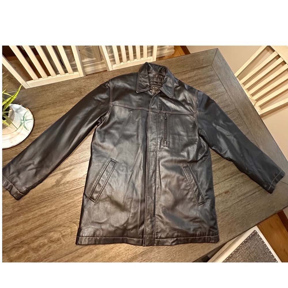 EMC Mens Leather Jacket Dark Brown Full Zip Quilted Lined Dress Coat Size Medium